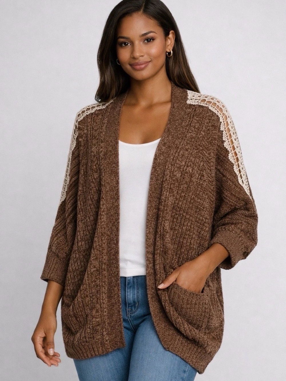 Flying Tomato Brown Open-Front Cardigan with Cream Lace Shoulders